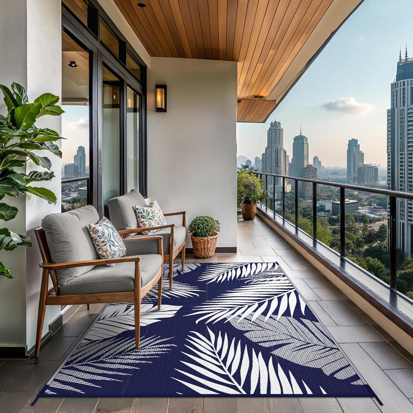 GENIMO Outdoor Rug 4' x 6' Waterproof for Patios Clearance, Reversible Outdoor Plastic Straw Camping Rug Carpet, Large Area Rugs Mats for RV, Camper, Deck, Balcony, Porch, Beach, Navy Blue&White