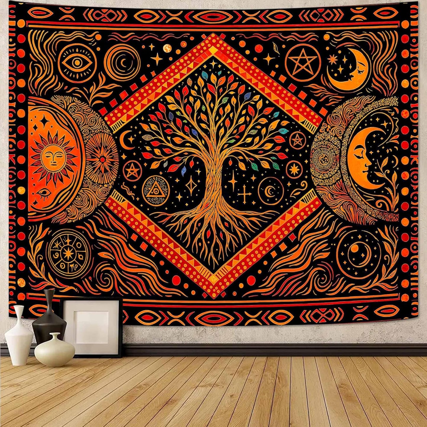 Lunerfex Tree of Life Sun Moon Stars Wall Tapestry, Cosmic Harmony Symbol Tapestries for Home Decor, Mystical Tapestry 90x70 Inch