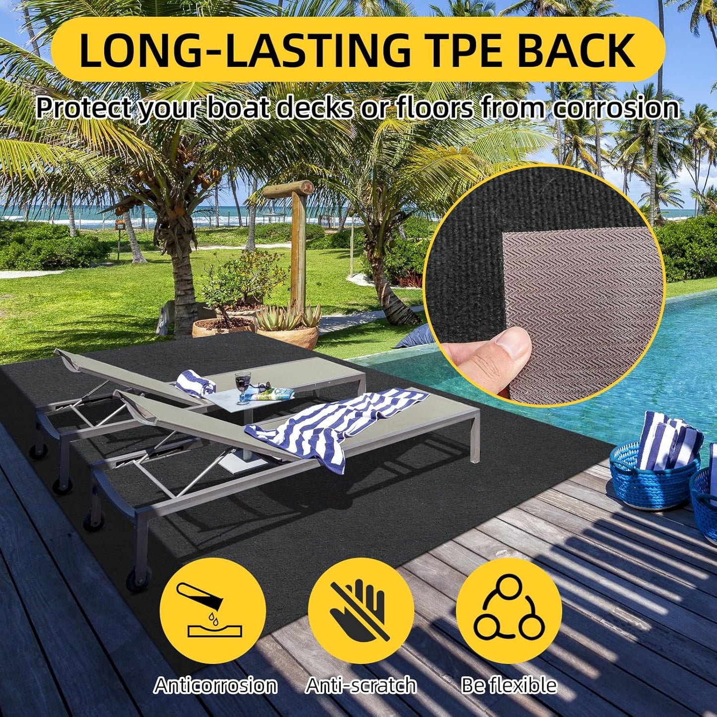 Marine Carpet, 5 FT x 20 FT Black Indoor/Outdoor Carpet, 0.2" Thick, Non-Slip, Waterproof, Machine Made, High Pile, Rectangular Area Rug