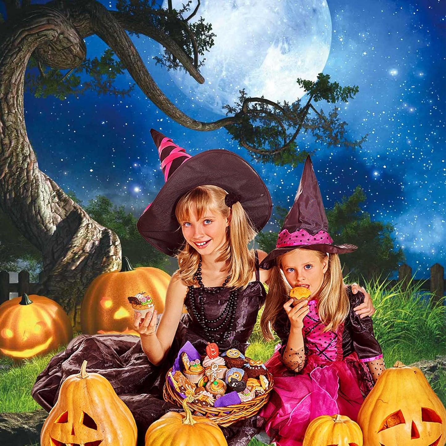 5x7FT Halloween Backdrop for Photography Grass Pumpkin Moonlight Decoration for Portrait Background Party Banner Photo Booth Shoot Props