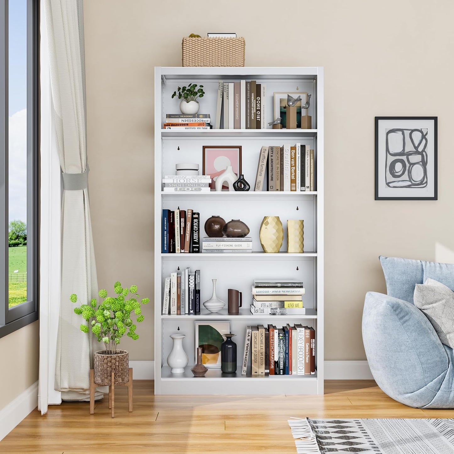 66" Tall Metal Bookcase, 5 Shelf White Bookcase with Adjustable Shelves, Large Bookshelves and Bookcases, Modern Book Shelf Storage Organizer for Living Room, Home Office, Library