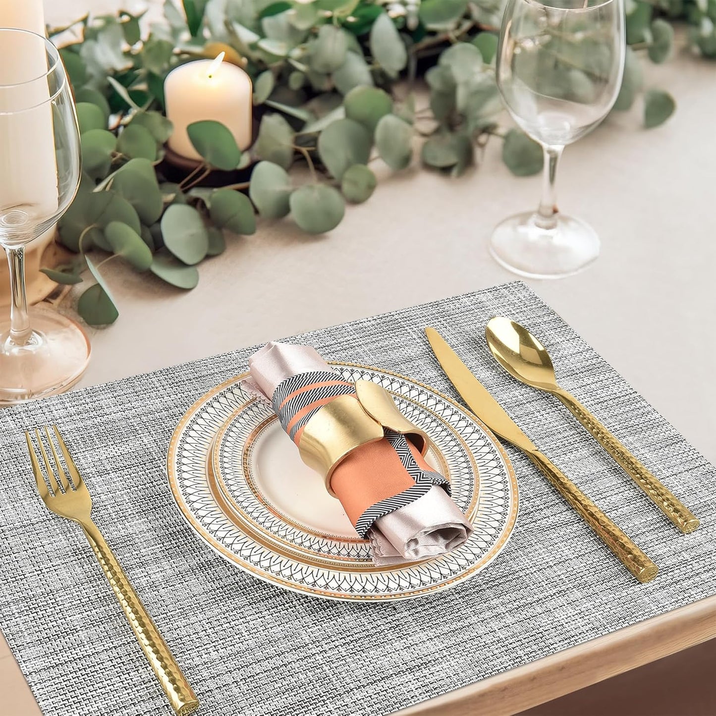 Placemats Set of 6 - Easy Clean Washable Vinyl Placemats - Wipeable Heat Resistant Table Mats for Dining Table - 17.7x11.8 Inch (6, Black & White Two-Tone)