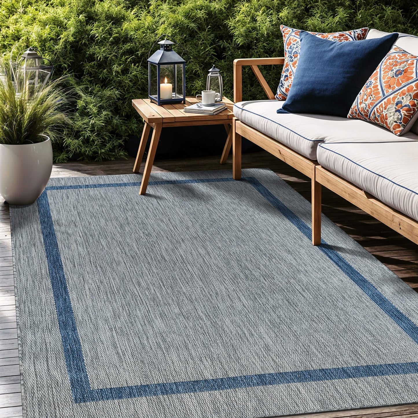 Bordered Outdoor Rug 8x10 Washable Outside Carpet for Indoor Patio Porch Waterproof Easy Cleaning Non Shedding Area Rugs Silver Gray - Blue 8 x 10