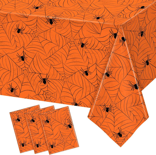 TREWAVE 3 Pack Halloween Spiderweb Tablecloth Rectangular Plastic Spider Web Table Cloth Large Size Table Covers for Home Decor Halloween Party Decorations 54" x 108" (Orange)