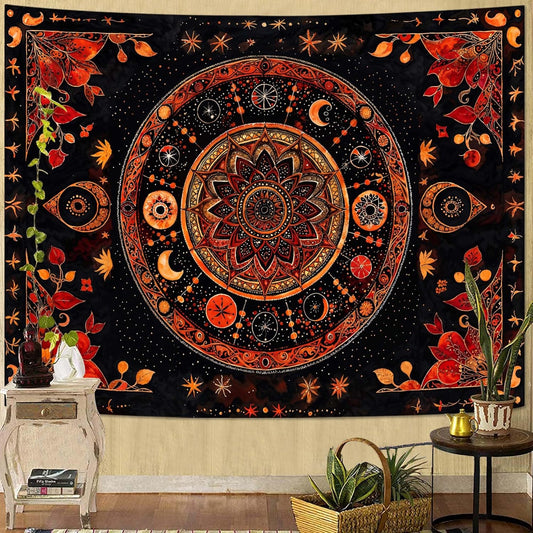 Lunerfex Mandala Moon and Stars Tapestry Boho Tapestry for Bedroom Black and Orange Tapestries Wall Hanging Living Room Wall Art and Home Decor 60x80