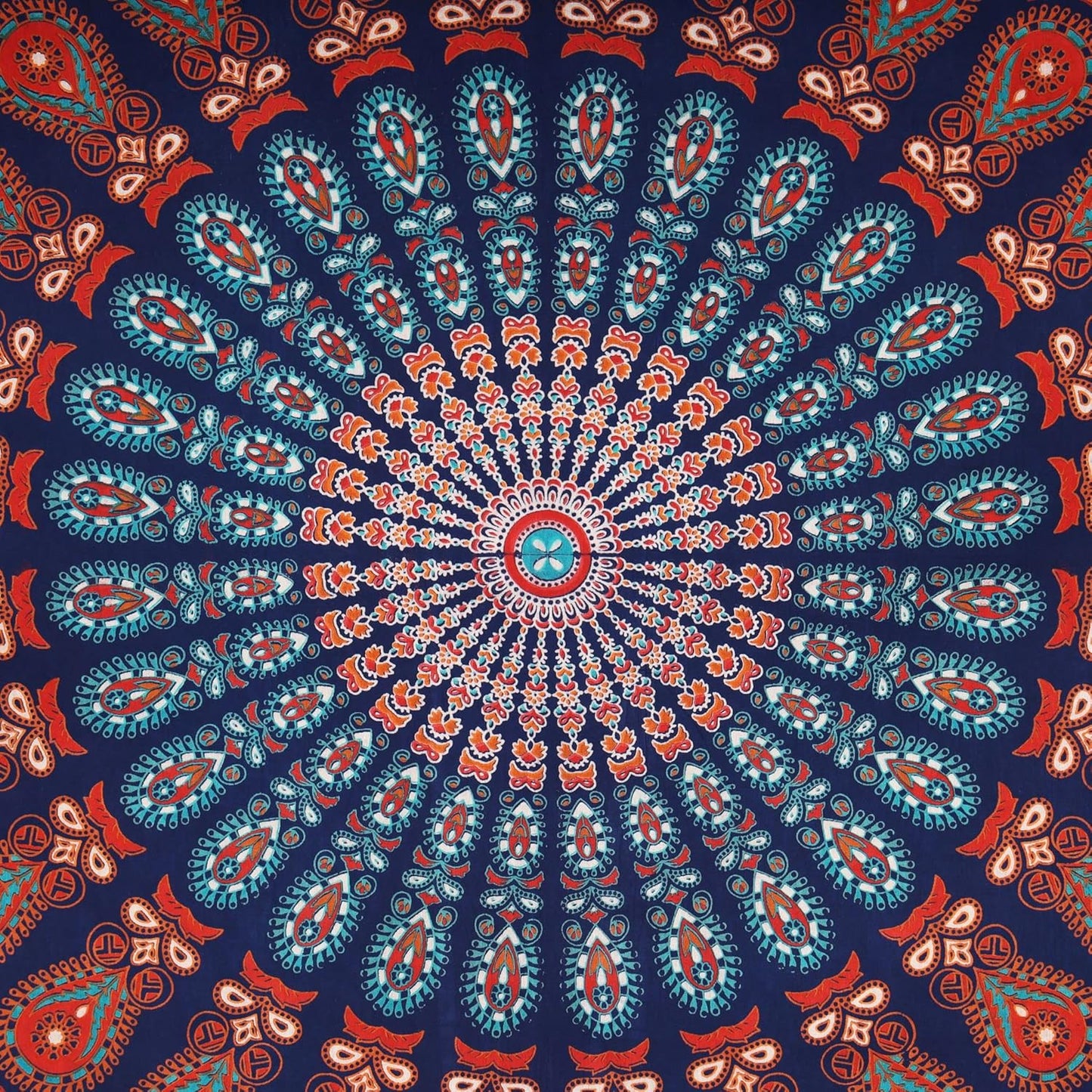 Bless International Handmade Indian hippie Bohemian Psychedelic Peacock Mandala Wall hanging College Dorm Beach Throws Table Cloth Bedding Tapestry (Golden Blue White, King(88x104Inches)(225x265Cms))