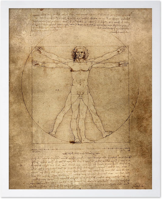 Poster Master Classic Leonardo Da Vinci Poster - Vintage Renaissance Print - Gift for Artist, Friend - Vitruvian Man, Proportion, Symmetry, Human Body - Wall Decor for Office, 8x10 White Framed