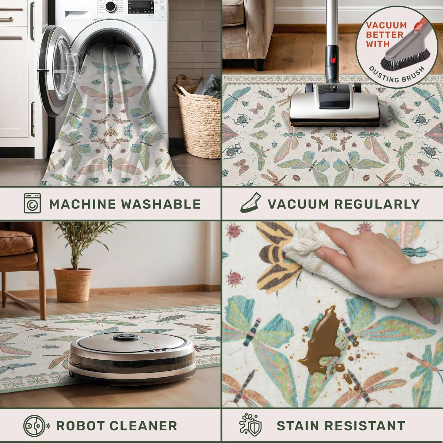 Green Butterfly Rugs for Girls Bedroom - 8x10 Floral Area Rug for Living Room, Dining Room Under Kichen Table, Washable Lightweight Insect Print Large Carpet Indoor