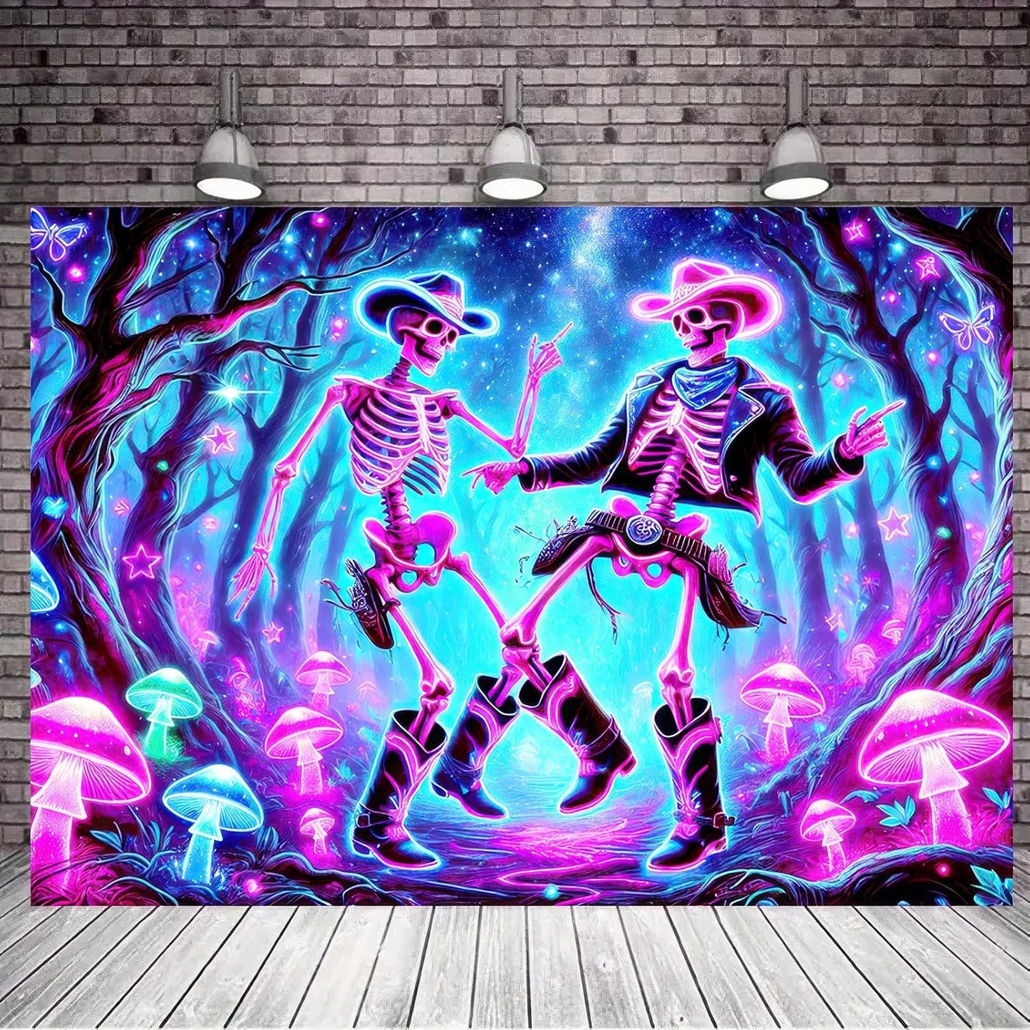 BlissYard Blacklight Tapestry UV Reactive Tapestry 78x59 Inches Skeleton Cowboys Fluorescent Wall Hanging Glowing Mushrooms and Cosmic Dance Theme for Bedrooms, Living Rooms, and Themed Events