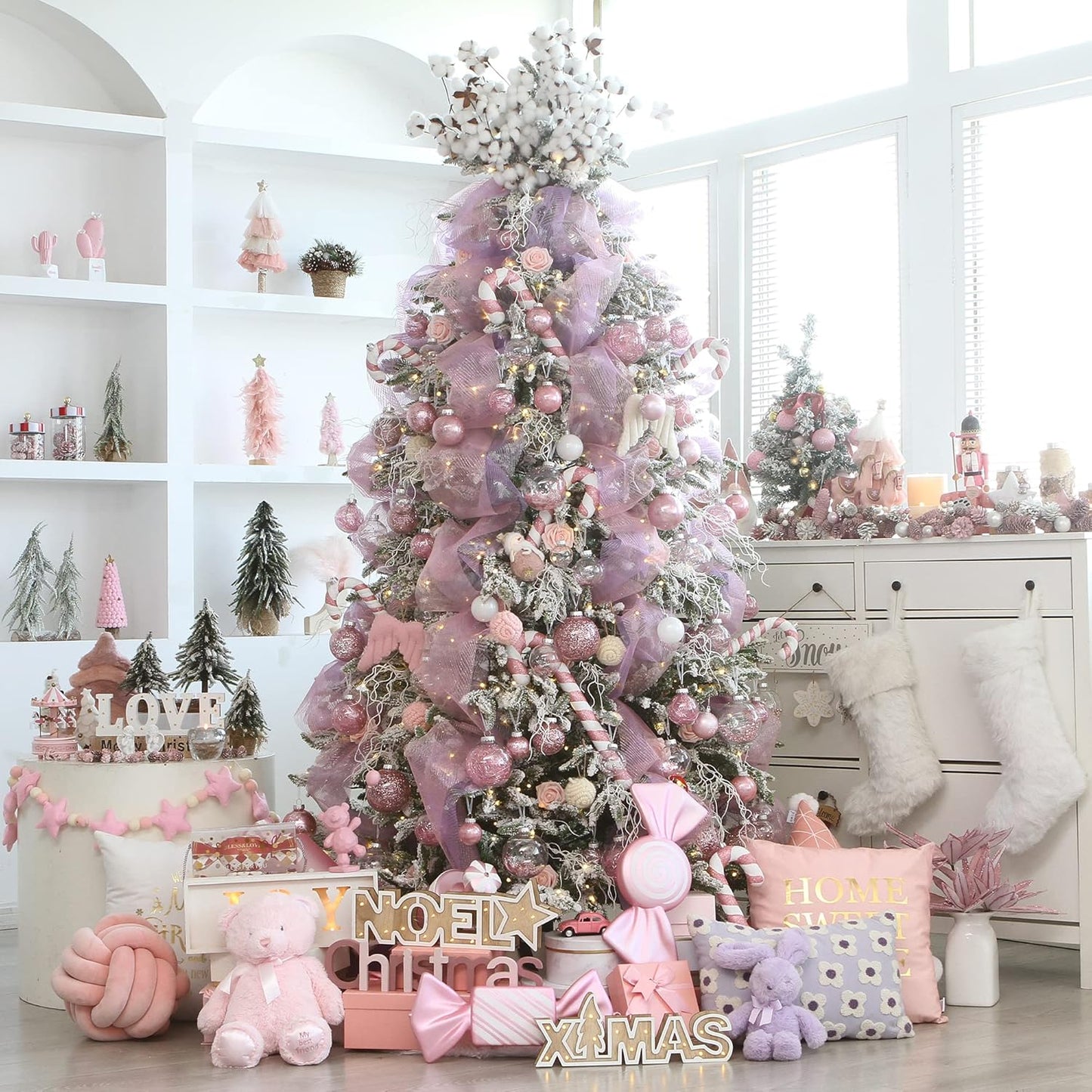 Sea Team Christmas Baubles Set, Shatterproof Clear Plastic Christmas Baubles Multi-Size Decorative Baubles with Stuffed Delicate Decorations (25 Pieces, Pink)