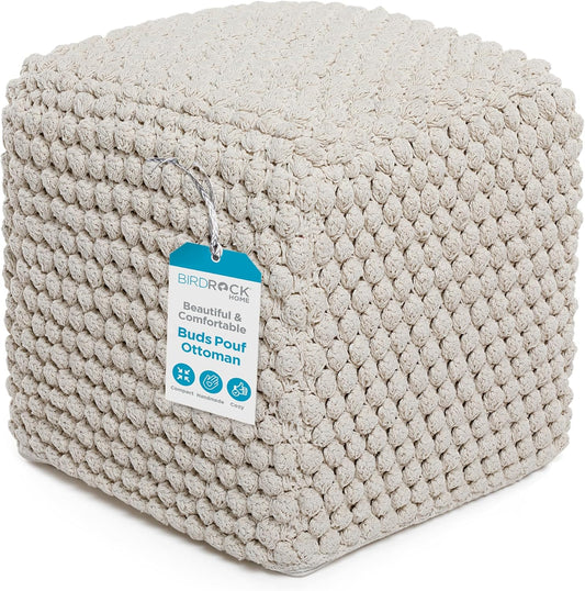 BIRDROCK HOME Bud Pouf Foot Stool Ottoman - Knit Bean Bag Floor Chair - Cotton Braided Cord - Great for The Living Room, Bedroom and Kids Room - Small Furniture