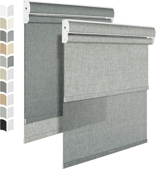 BERISSA Cordless Dual Roller Shades with Cassette Valance, Double Window Shades - Blackout and Light Filtering, Day and Night for Home Office Door. Linen Grey. 34 W x 56" H