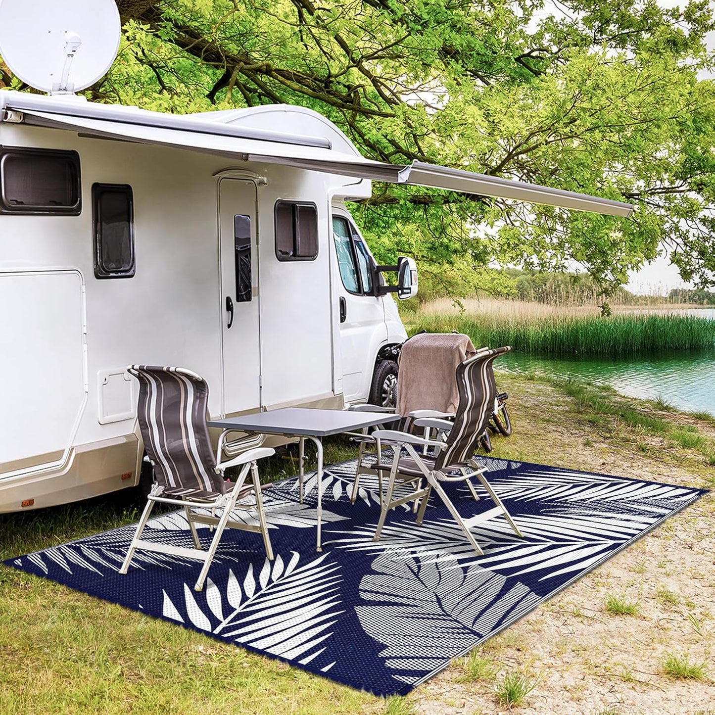 GENIMO Outdoor Rug 6' x 9' Waterproof for Patios Clearance, Reversible Outdoor Plastic Straw Camping Rug Carpet, Large Area Rugs Mats for RV, Camper, Deck, Balcony, Porch, Beach, Navy Blue&White