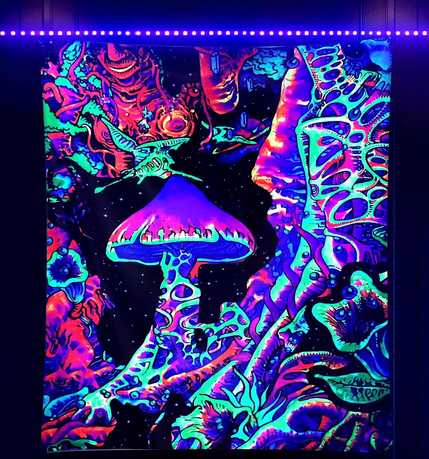 ADDWel Blacklight Mushroom Tapestry, Fantastic Upright Tapestry Glow In The Dark, UV Reactive Black Light Tapestries Posters Wall Hanging for Backdrop Bedroom Dorm Living Room Decor(50"x60")