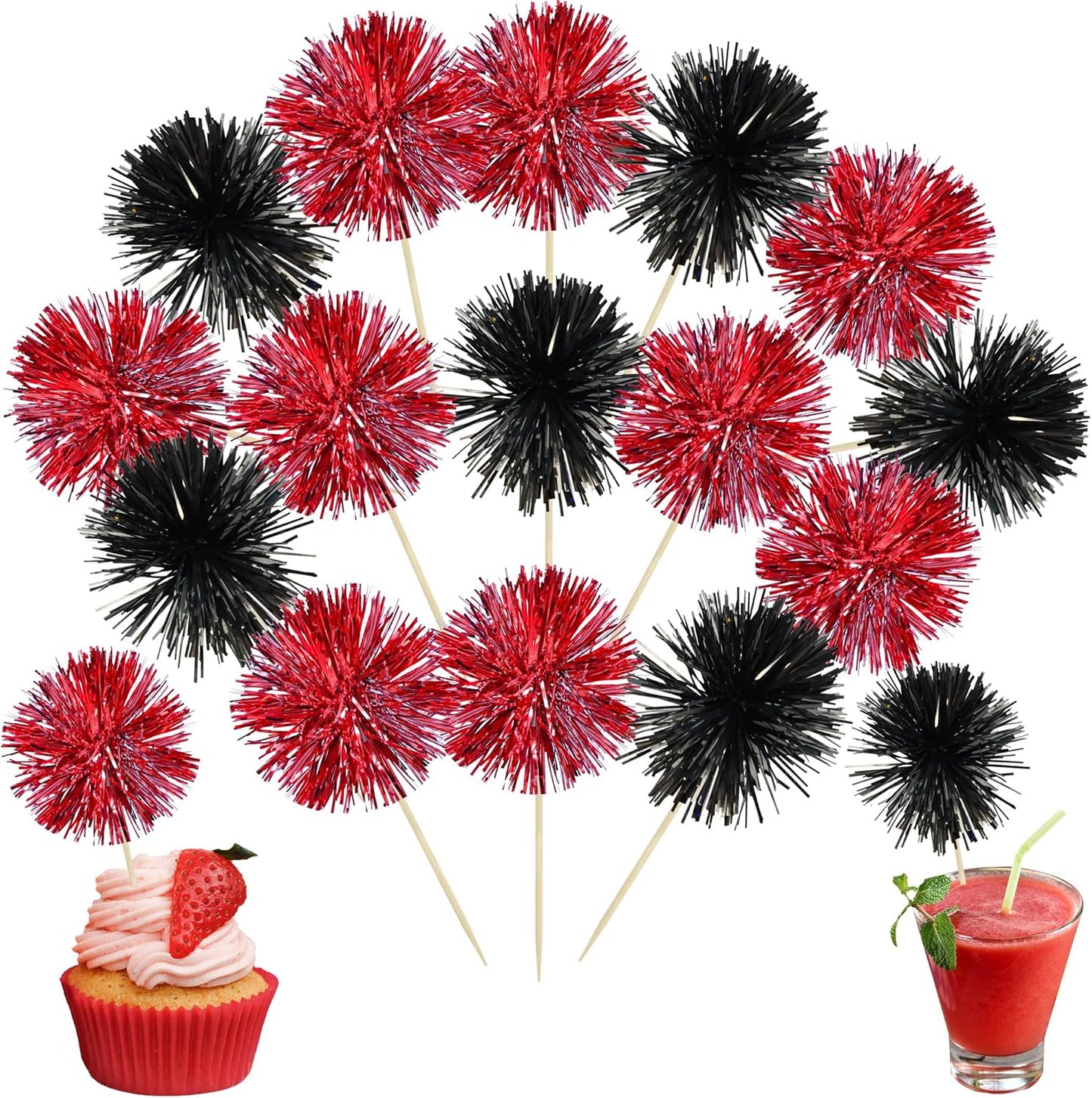 Ephlyn 30Pcs Foil Firework Cupcake Toppers Party Birthday Cake Toppers Supplies Sparkle Tinsel Cocktail Fruit Toothpick for Birthday Wedding Graduation Party Supplies Black Red