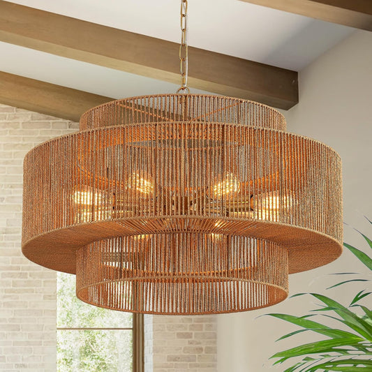 30” Large Hand-Woven Rattan Chandelier Vintage 8-Light Farmhouse Boho Bamboo Chandelier Light Fixture Retro 3-Tier Drum Wicker Rattan Golden Chandeliers for Dining Room, Kitchen, Living Room
