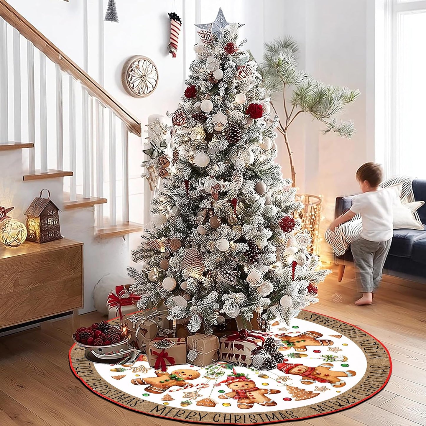 Baccessor Christmas Tree Skirt 48 Inch, Merry Christmas Cute Gingerbread Man Christmas Tree Skirt Collar for Winter Holiday Farmhouse Vintage Rustic Xmas Party Decoration