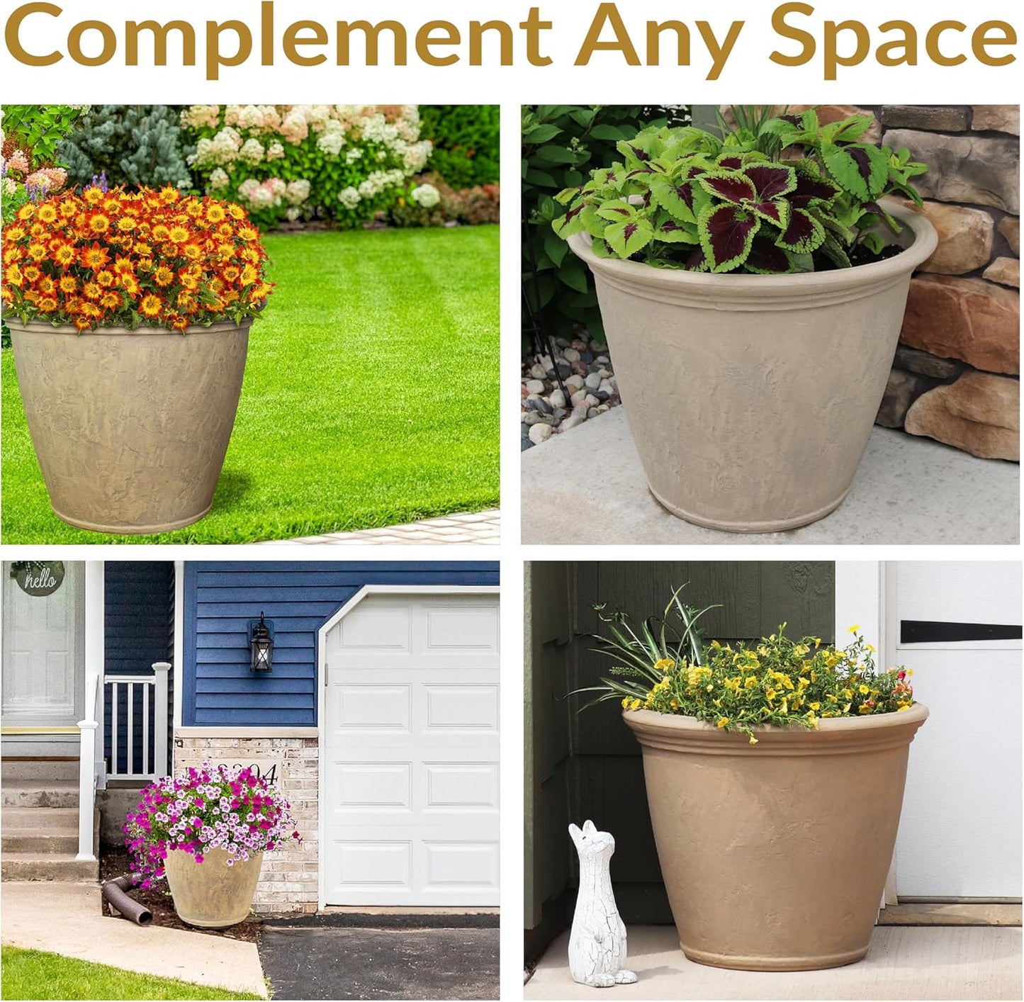 Sunnydaze 24-Inch Anjelica Large Plastic Pot for Plants - Outdoor Polyresin Round Planter with Drillable Drainage Holes - Beige