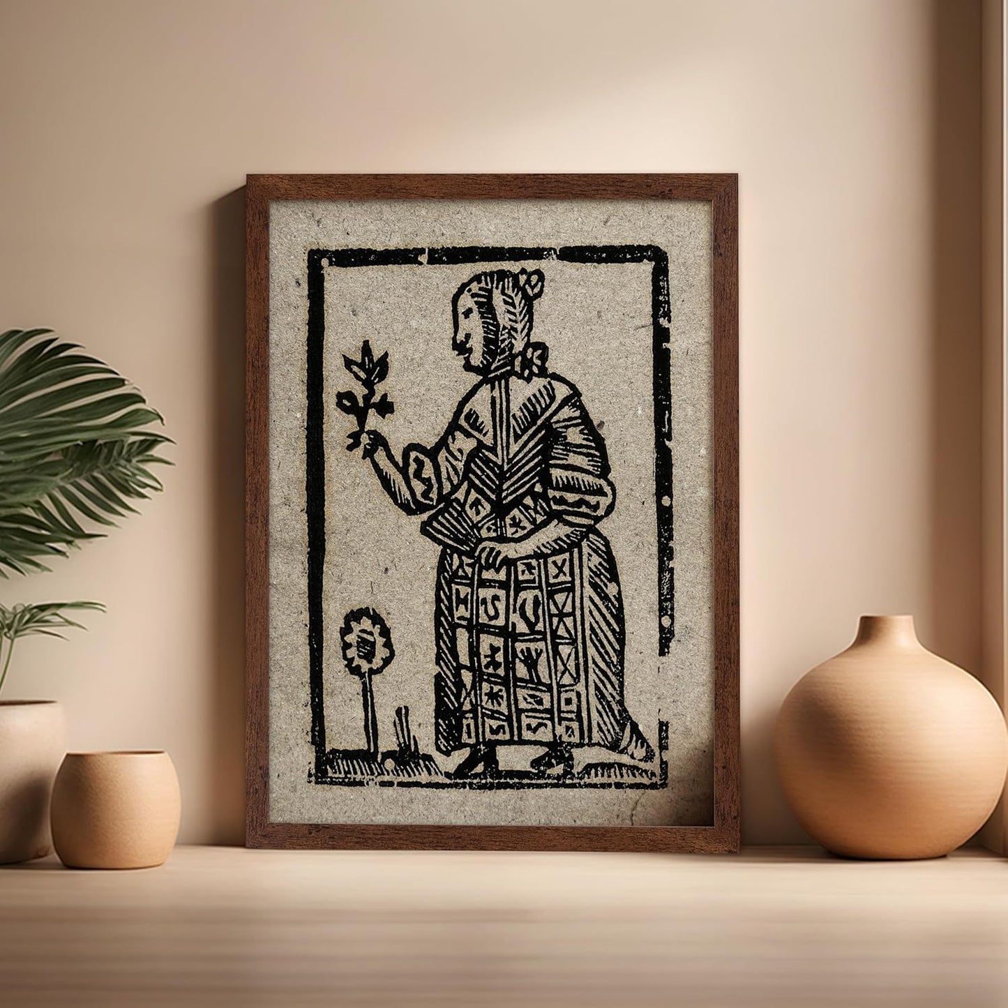 Poster Master Vintage Woodcut Poster - Retro Medieval Print - Gift for Gothic, Horror Fan - Witch Holding a Plant, Magic, Spell, Herbalist - Wall Decor for Bedroom, Dorm, 16x20 Brown Framed