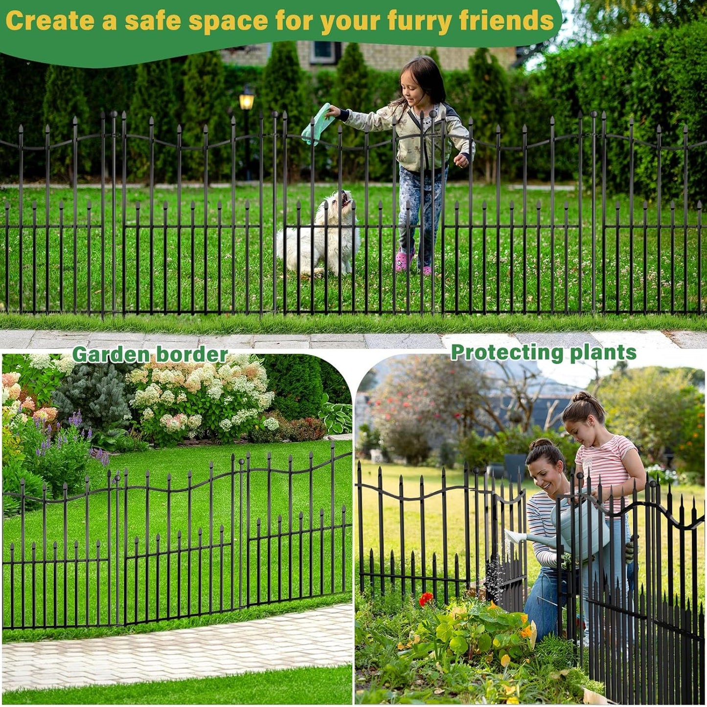 5 Panels No Dig Decorative Garden Fence with Gate, 24in(H) × 11ft(L) Heavy-Duty Rustproof Metal Panels, Outdoor Dog Barrier for Yard & Patio, Landscape, Border| Portable Temporary Fencing