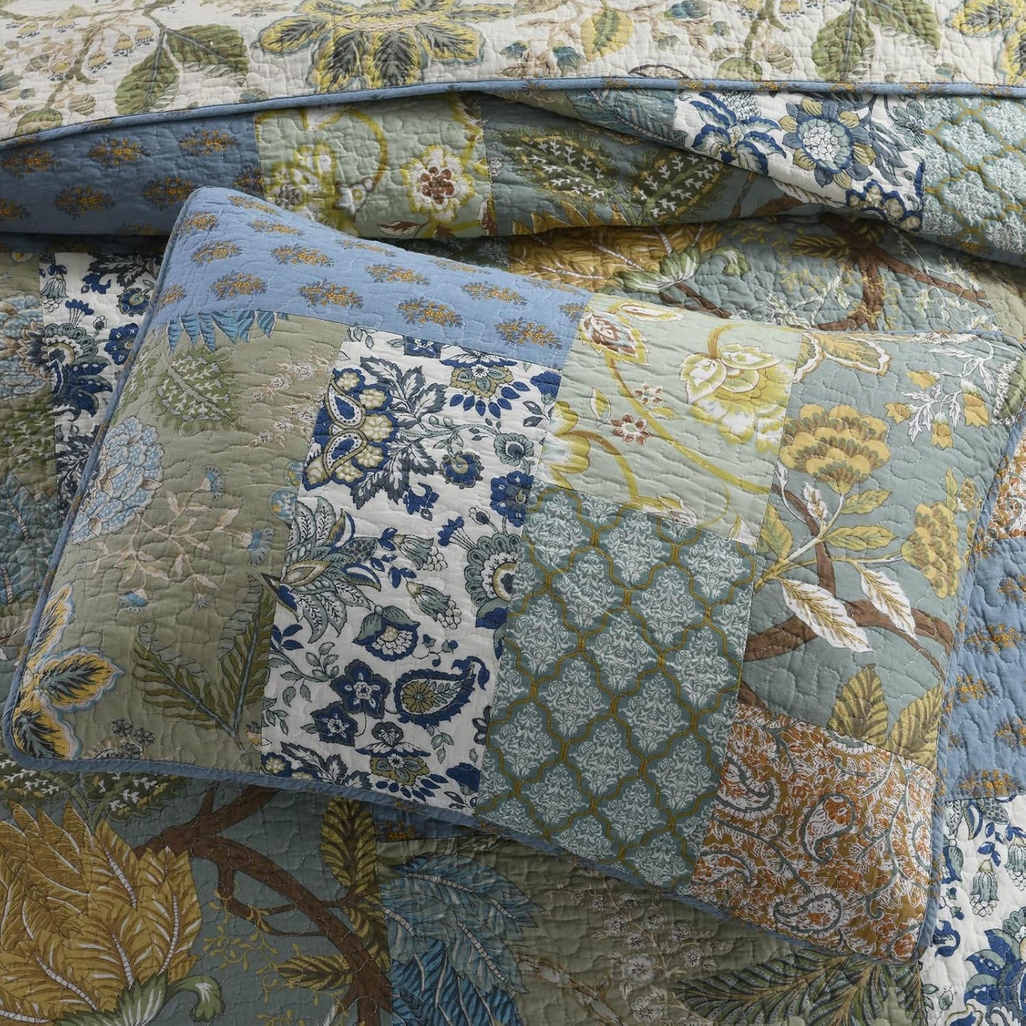 Yvooxny Quilt Set Queen Bedspread Reversible Green Farmhouse Garden Coverlet Real Patchwork Quilt Set for All Seasons, Bohemian Floral Pattern, Queen Size