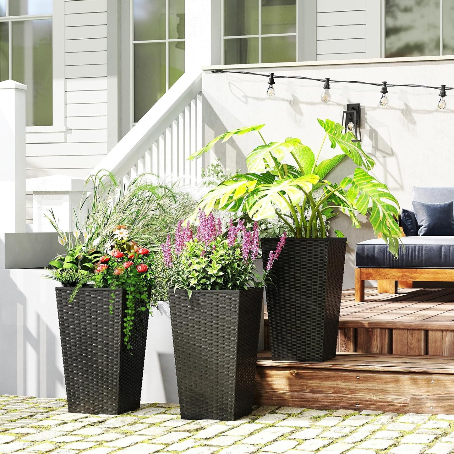 Outsunny Tall Planters for Outdoor Plants Set of 3, 24 in Taper Planters with Drainage Holes, Rattan Decor Plant Pots for Indoor Outdoor Front Porch Patio Backyard, Black