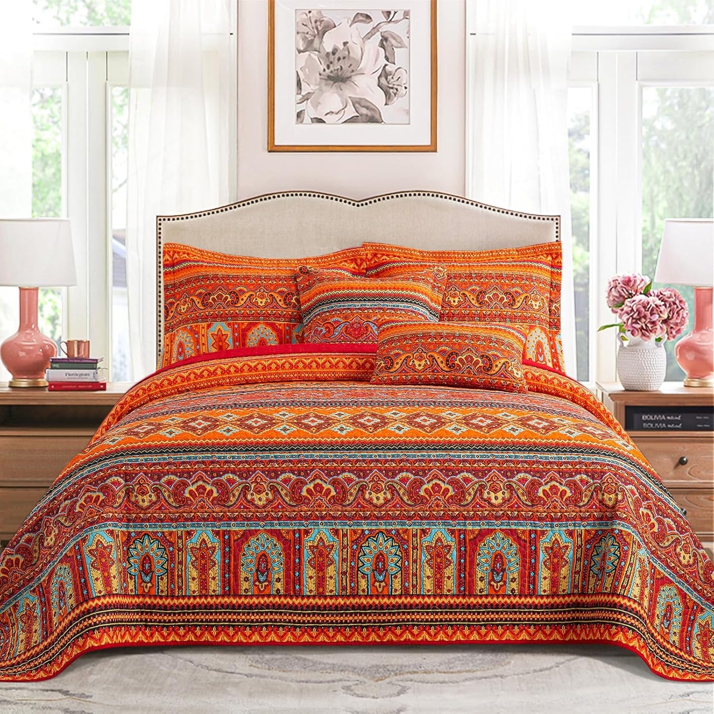 VAPUTAR Quilt California King Size Bedding Set - Cotton California King Quilt (108 * 118 Inch) - Boho Lightweight Reversible Oversized Bedspread for Farmhouse Bedroom (Red/Orange), 3 Pieces