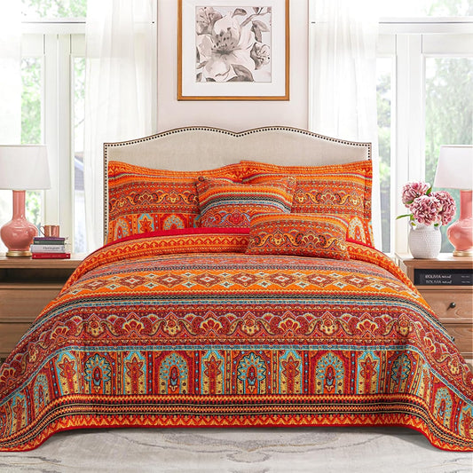 VAPUTAR Quilt California King Size Bedding Set - Cotton California King Quilt (108 * 118 Inch) - Boho Lightweight Reversible Oversized Bedspread for Farmhouse Bedroom (Red/Orange), 3 Pieces