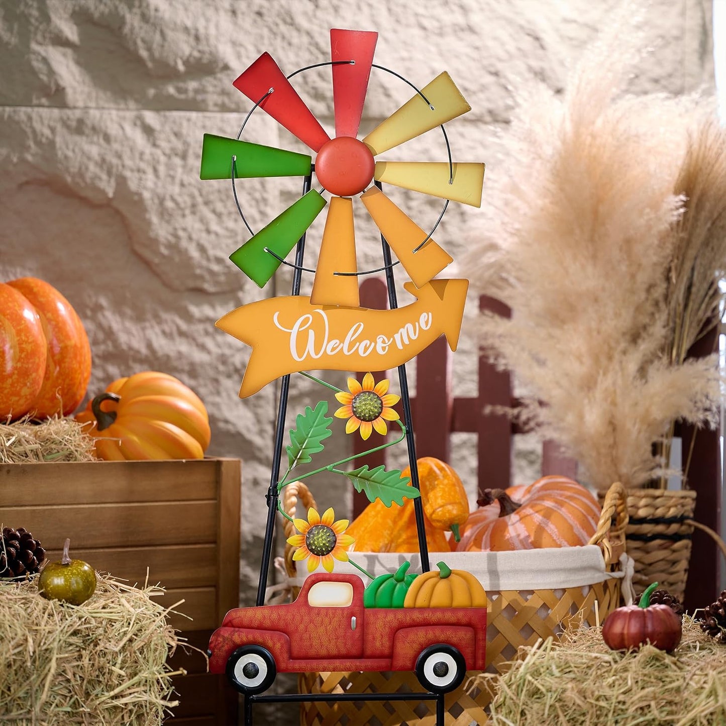 TERESA'S COLLECTIONS Fall Decor for Outdoor Home, Metal Pumpkin Fall Decorations Wind Spinner Yard Stakes Welcome Sign for Thanksgiving Decorations, Rustic Autumn Sunflower Decor for Lawn Patio, 35"