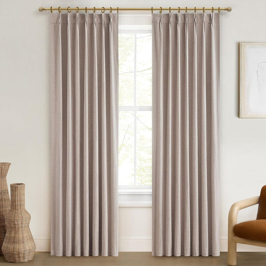 Pinch Pleated Farmhouse Curtains 100 Percent Blackout Window Dining Room Curtains 96 Inches Long Burlap Rustic Linen Drapes for Living Room Insulated with Hooks for Track System 2 Panels