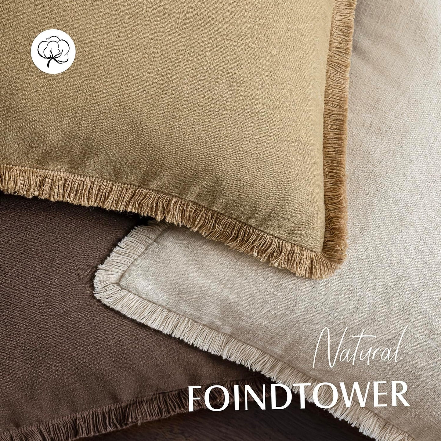 Foindtower Set of 2 Decorative Linen Fringe Throw Pillow Covers Farmhouse Cushion Cover with Tassels Soft Accent Pillowcase for Couch Chair Sofa Bed Living Room Home Decor,24×24 Inch,Light Khaki Taupe
