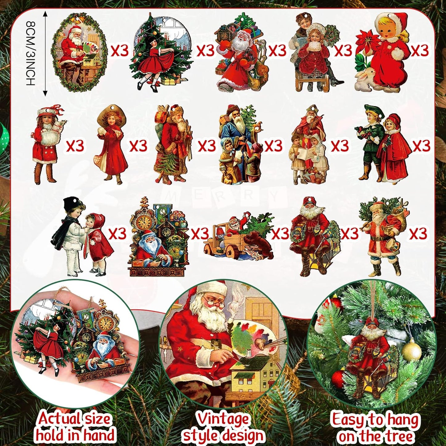 48 Pcs Vintage Wood Ornaments - Victorian Style Santa Claus, Snowman & Retro Decor for Christmas Trees