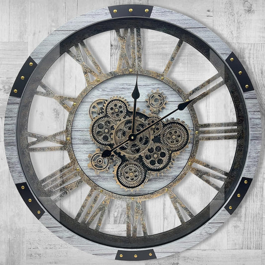 DORBOKER 30" Original Moving Gears Wall Clock, Large Industrial Wall Clock for Living Room Decor, Solid Wood Vintage Farmhouse Steampunk Rustic Clocks for Wall Decor,Silver Grey