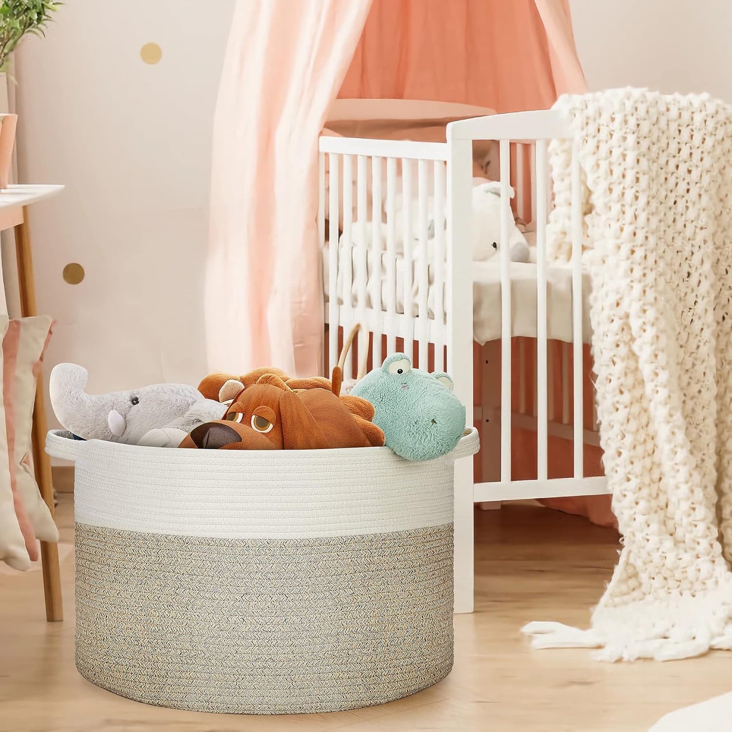 Ravinte Blanket Basket - 20"x 20"x 13" Cotton Rope Basket for Living Room, Baby Toy Storage Basket, Large Woven Laundry Basket (White-Light Brown)