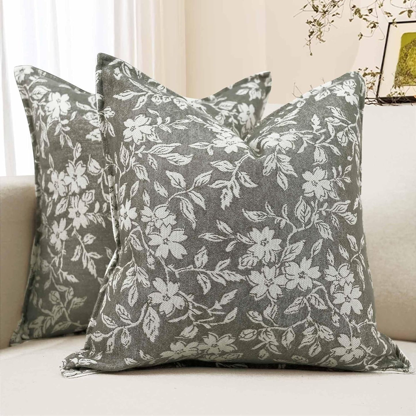 Gray Floral Pillow Covers 18x18 Pack of 2 Pillow Cover Jacquard Couch Pillows Vintage Flower Pattern Decorative Throw Pillowcases for Living Room