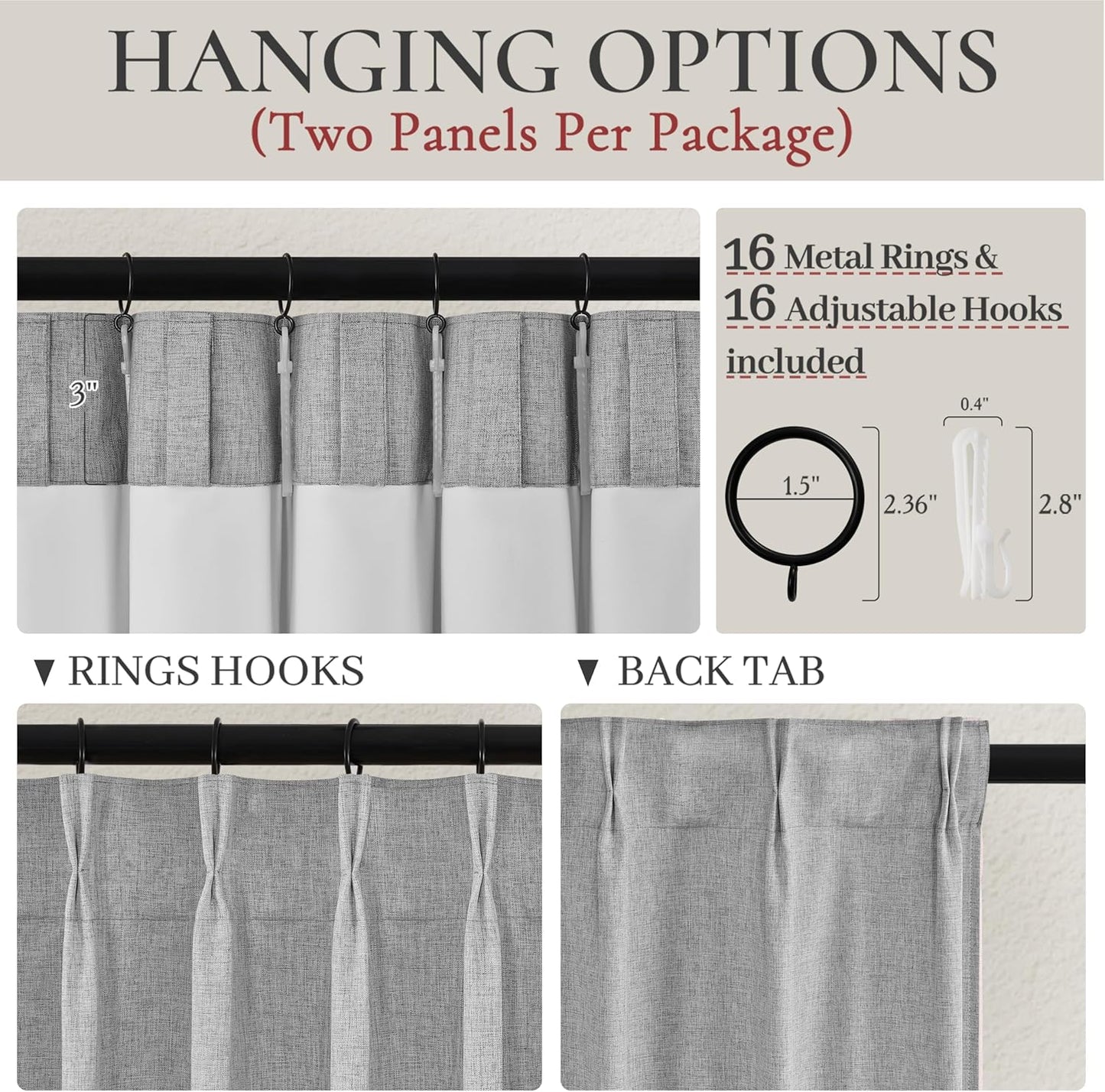 90 Inch Grey Blackout Curtains 2 Panels Set for Bedroom, Pinch Pleated Textured Linen Blend Soundproof Privacy Gray Window Drapes 90 Inches Long with Hooks Rings Back Tab for Boys Room Darkening Burg