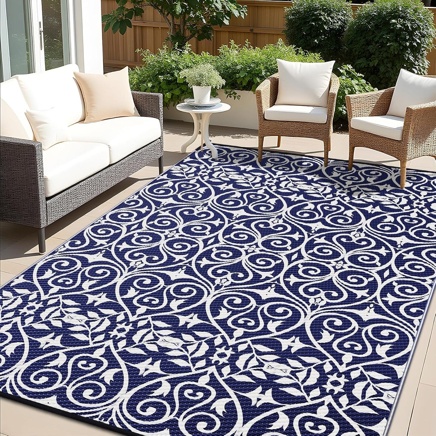 OLANLY Outdoor Rug Waterproof 9x12 ft Clearance, Reversible Outdoor Plastic Straw Rug with Floral Pattern, RV Mat for Patio, Camping, Balcony, Deck, Backyard, Navy & White