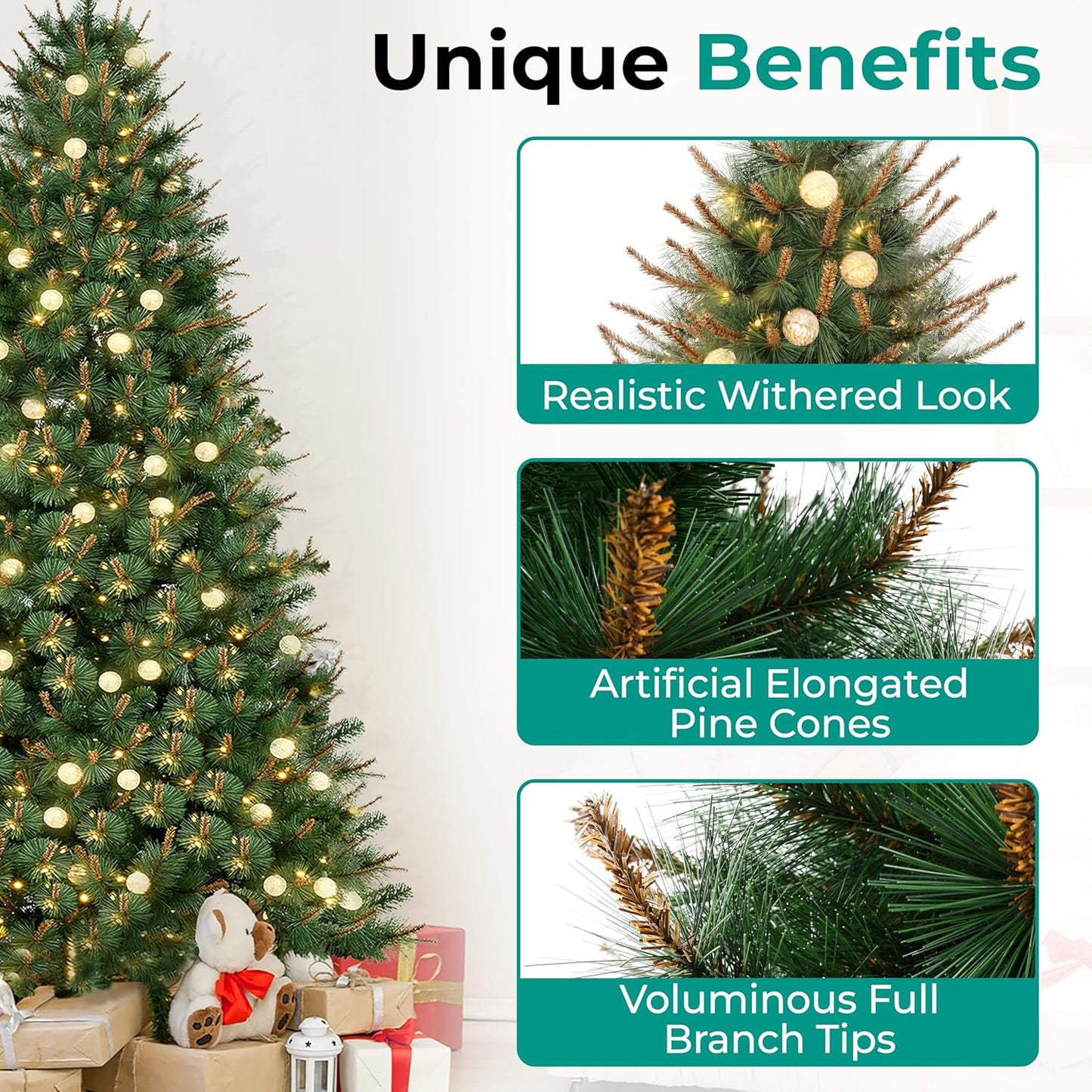 Selena 4.5ft Prelit Artificial Christmas Tree with 373 Branch Tips, 130 Warm Lights and Metal Stand, 33" Wide Realistic Withered Christmas Tree with Lights by Naomi Home