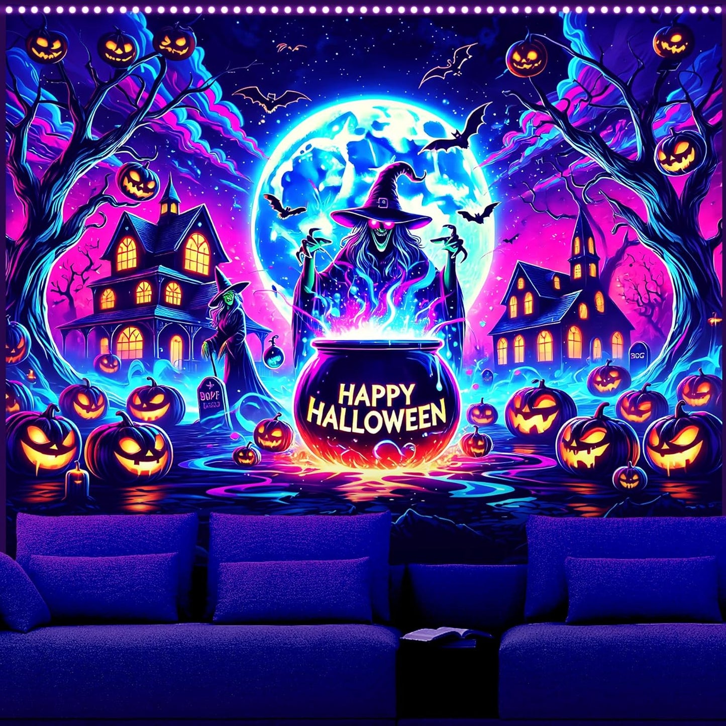 AOHMPT Glow-in-the-Dark Halloween Tapestry - UV Reactive Black Light Wall Hanging Decor for Spooky Parties, Bedroom, Living Room (Witch-Haunted House, 79L x 59W, Unframed)