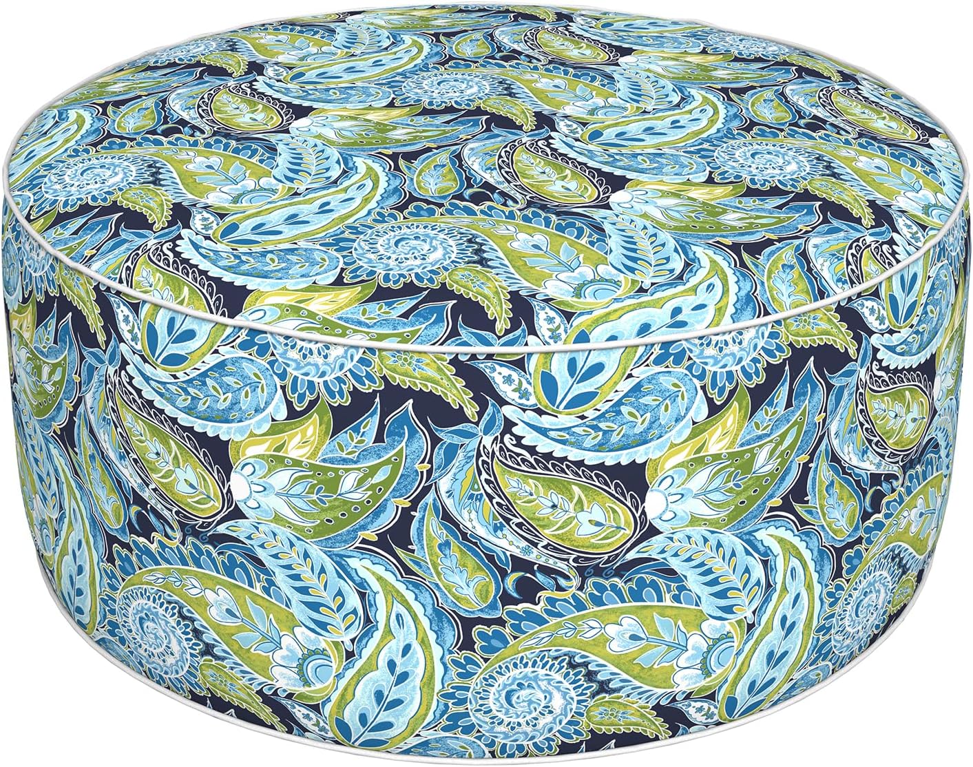 Inflatable Ottoman Stool D31 xH14 for Outdoor/Indoor Use, Water Repellent Patio Foot Rest with Portable Handle,Round Pouf Ottoman Suitable for Garden,Deck and Camping - Paisley Lapis Green