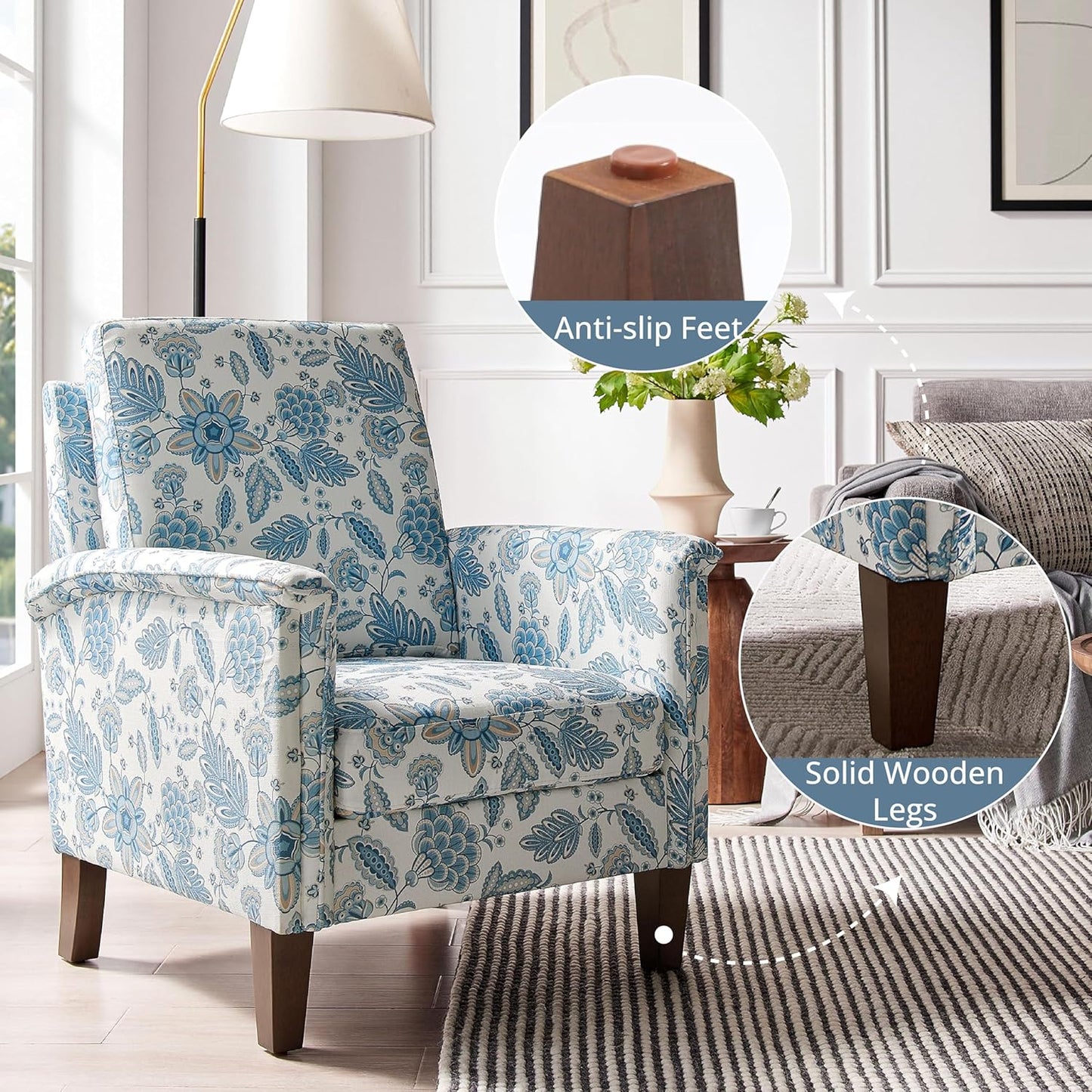 Floral Accent Chair Set of 2, High Back Upholstered Armchair with Solid Wooden Legs, Padded Armrest and Removable Comfortable Cushioned Seat Single Sofa for Living Room, Bedroom, Blue
