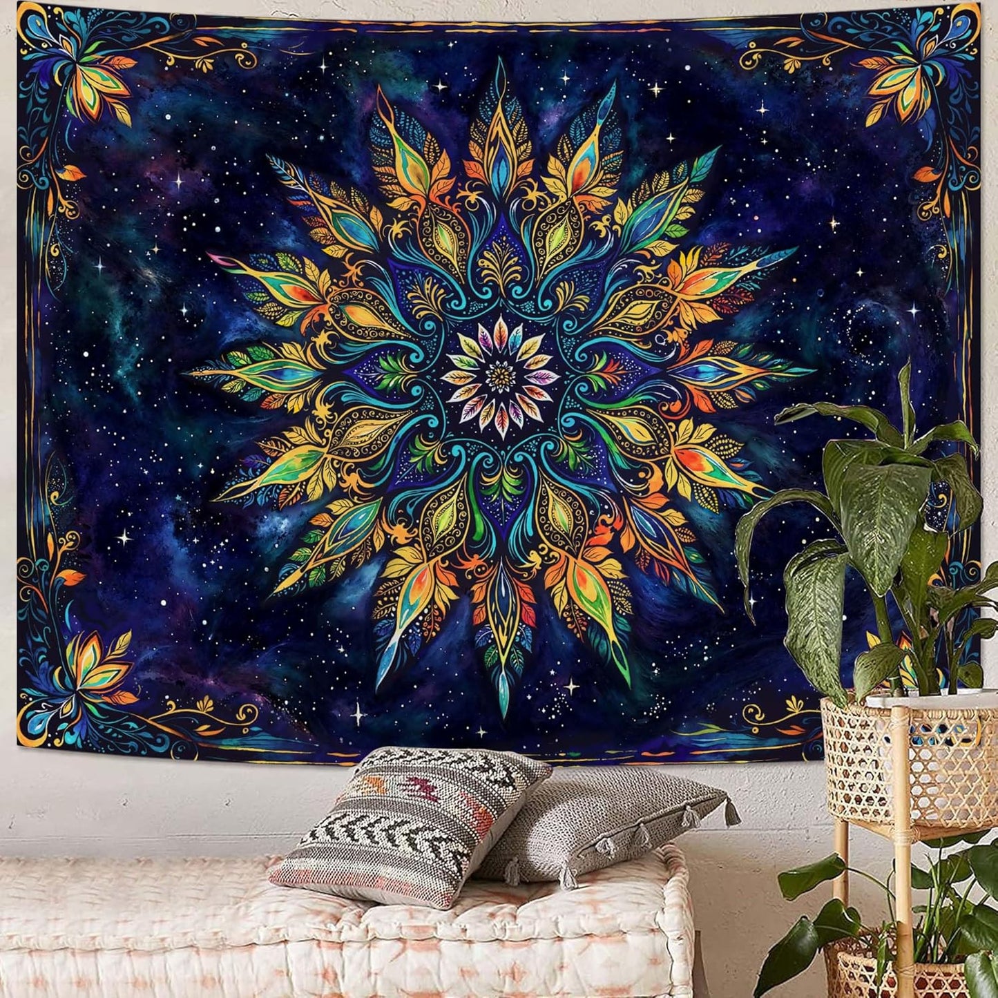 Fowocu Boho Floral Mandala Tapestry for Bedroom Aesthetic Blue Bohemian Colorful Flower Wall Tapestry Purple Hippie Indian Small Tapestries Wall Hanging for Living Room Dorm Decor 60 x 44 Inch