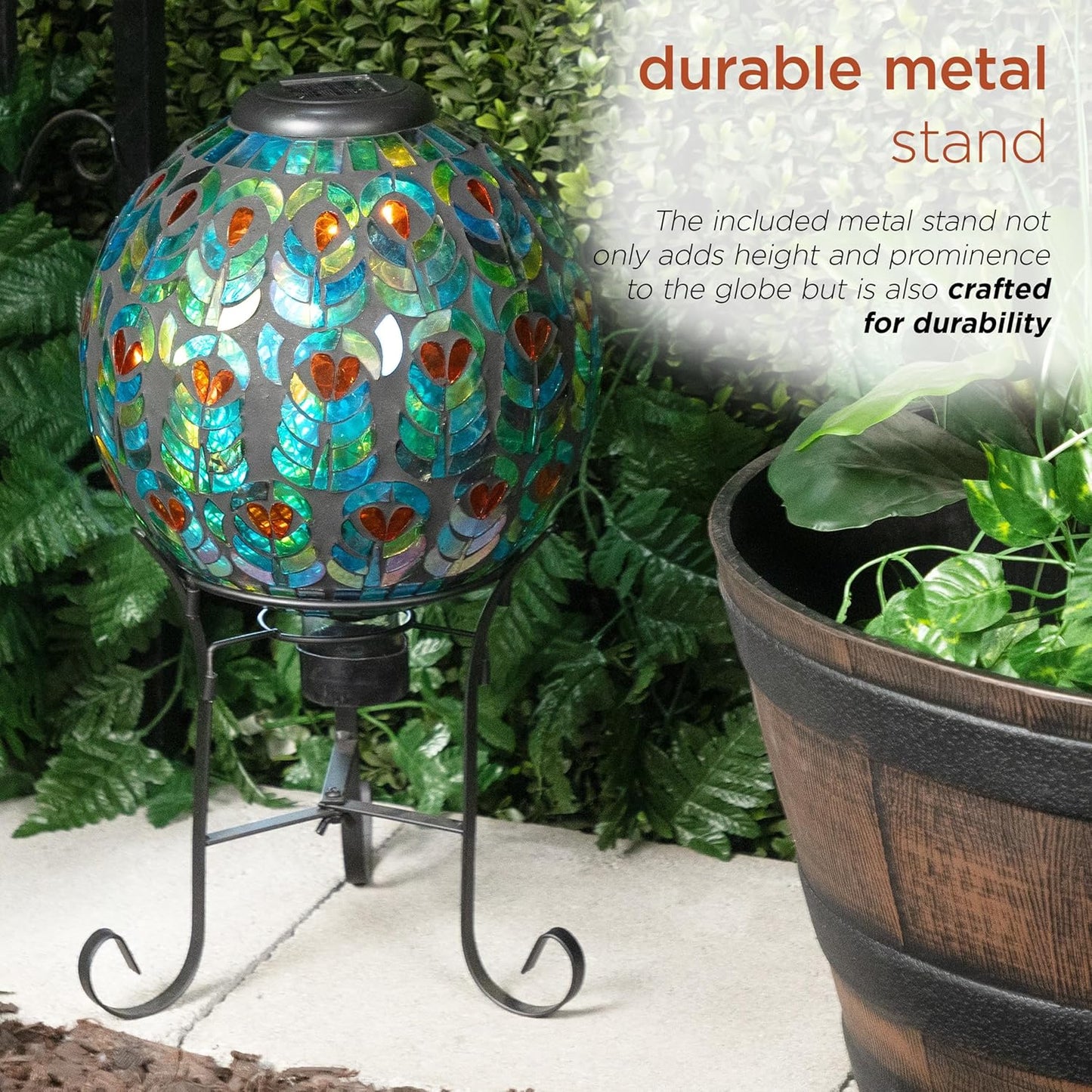 Alpine Corporation GRS926A-SLR Solar Gazing Globe w/Mosaic Peacock Feather Design & Metal Stand, Elegant Yard Art, 12" H, Multi