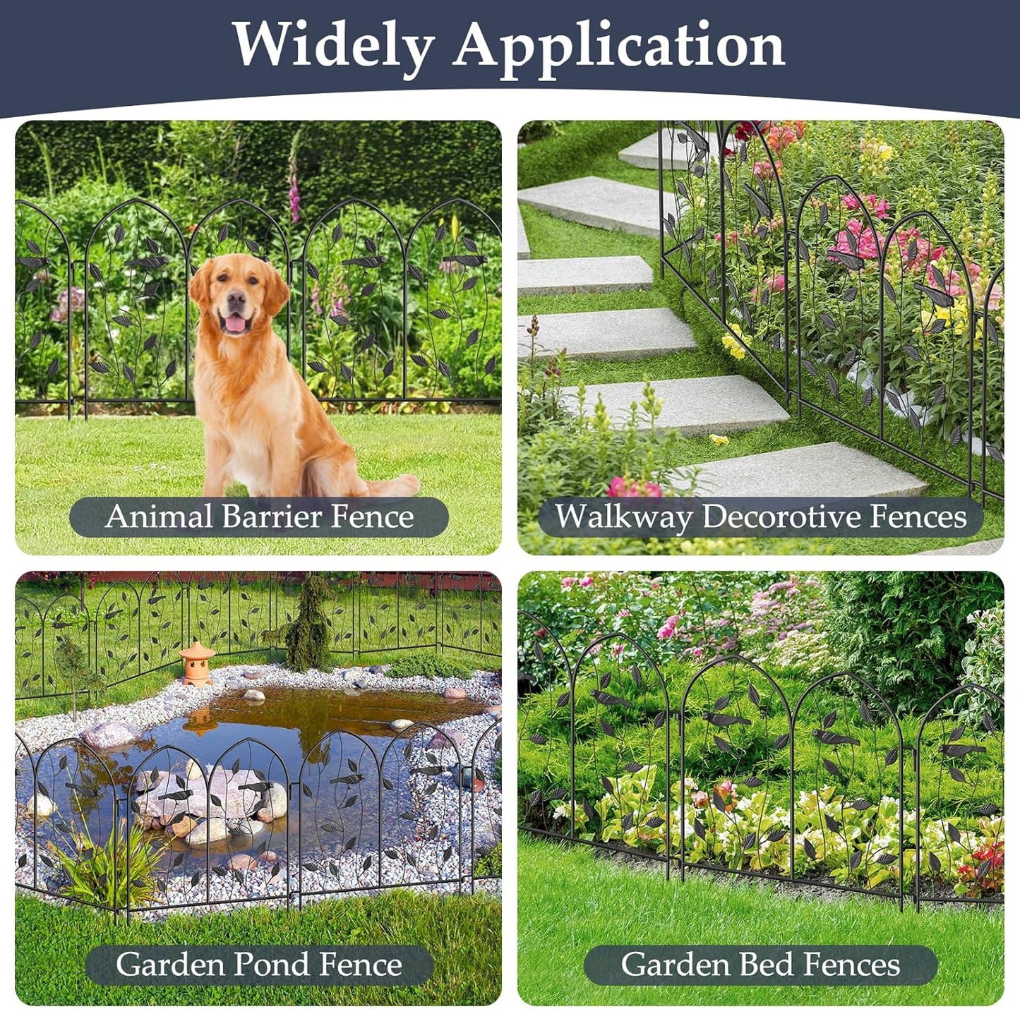 Vintage Decorative Garden Fence 6 Pack, 24in(H) x 10Ft(L), Metal Garden Fencing Panel, Landscape Pathway Edge Iron Picket Fence Panels (Black)