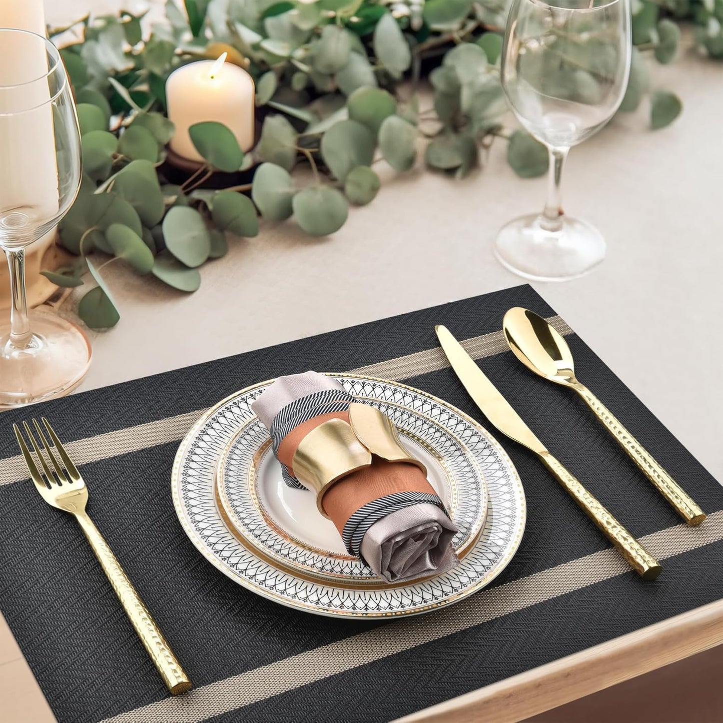 Black Placemats Set of 8 - Easy Clean Modern Durable Washable Vinyl Place Mats - Heat Resistant Placemats for Kitchen Table - PVC Table Mats for Dining Table (Black with Stripes, 8)