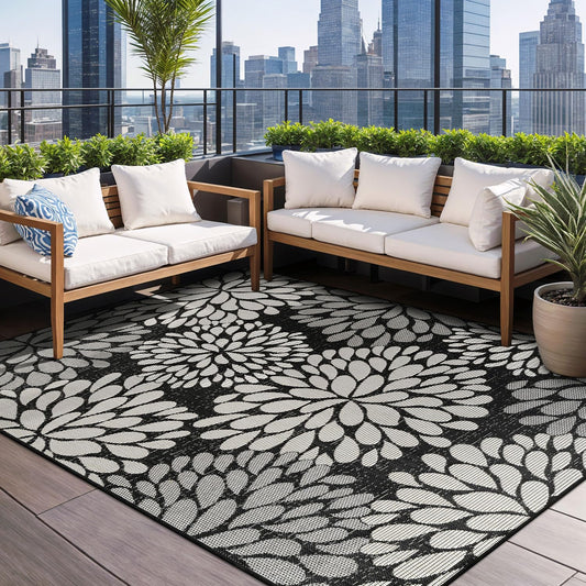 Beverly Rug Outdoor Rug 6x9 Modern Exotic Tropical Leaf Area Rugs for Indoor and Outdoor Patio Deck Porch Garden Water Resistant Washable Outside Carpet (6 x 9 Dark Gray)