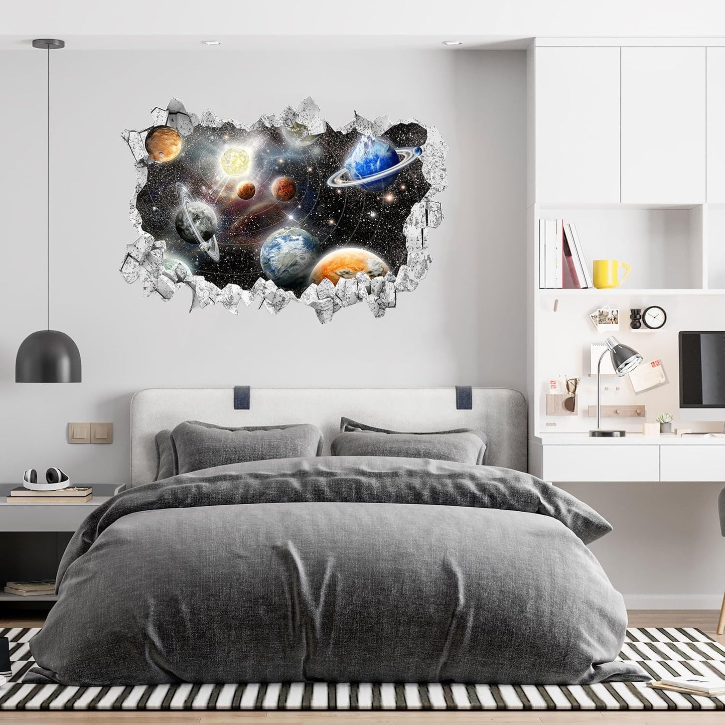 Large 3D Space Galaxy Wall Stickers (33.5”x 23.2”), Solar System Vinyl Wall Decals, Removable Universe Outer Space Planet Wall Art for Kids Bedroom Playroom Decor