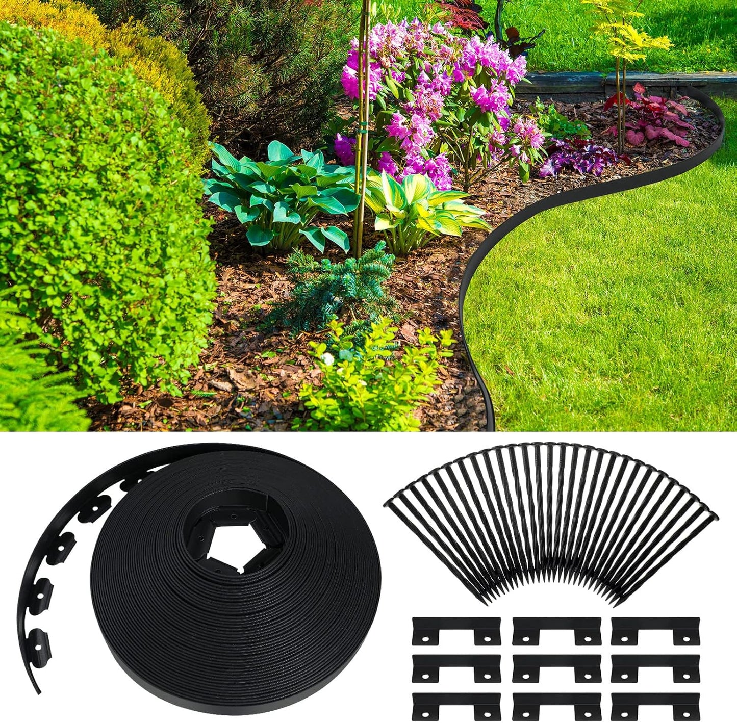 Queekay Landscape Edging Kit 148 ft with 70 Spikes 20 Connectors Plastic Border for Garden, Lawn, Yard, Pathway(Black,2 Inch)