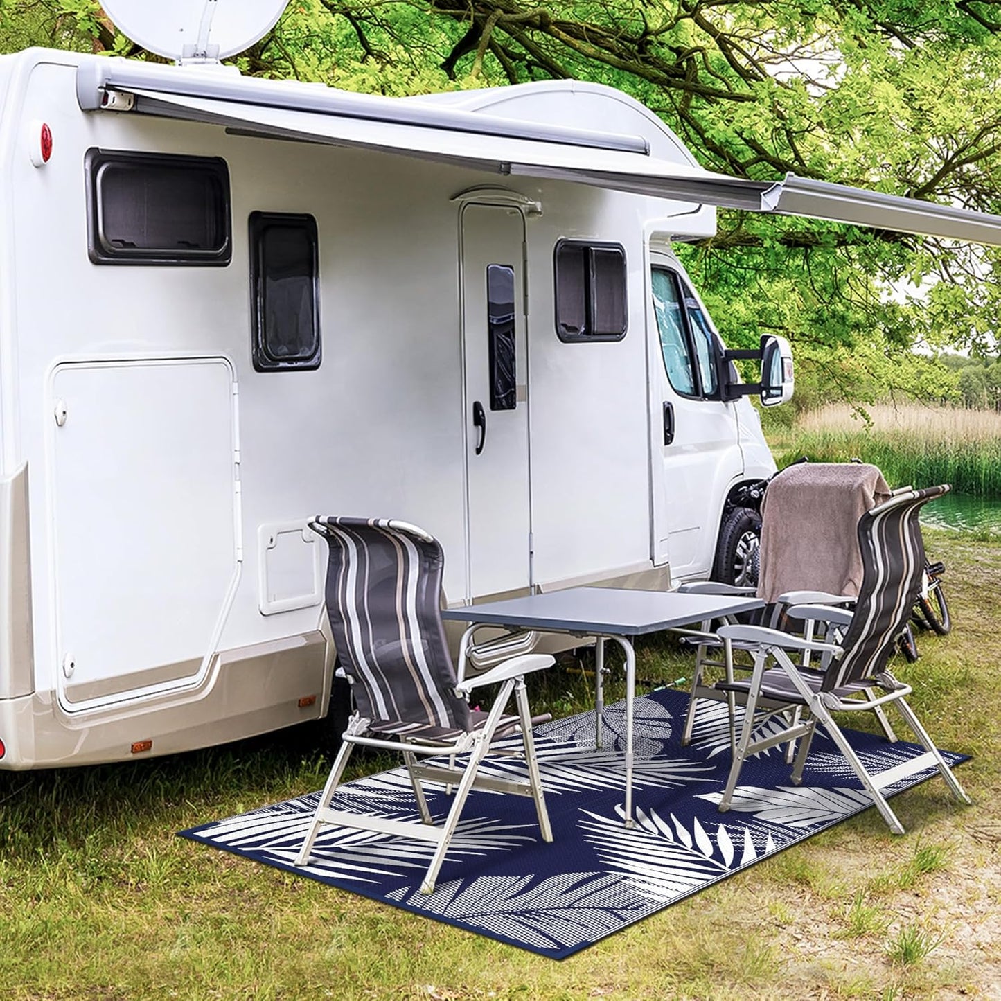 GENIMO Outdoor Rug 3' x 5' Waterproof for Patios Clearance, Reversible Outdoor Plastic Straw Camping Rug Carpet, Large Area Rugs Mats for RV, Camper, Deck, Balcony, Porch, Beach, Navy Blue&White