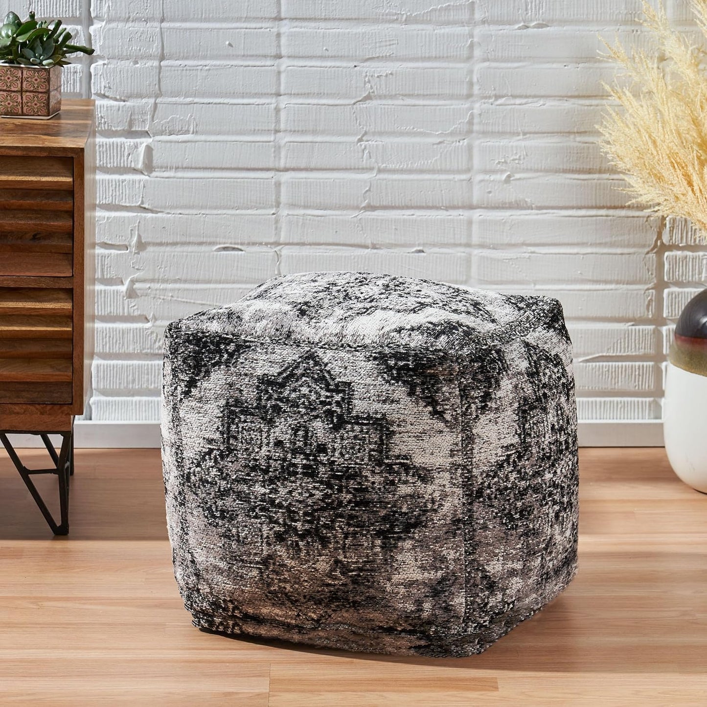 GDFStudio Boho Handmade Fabric Cube Pouf Ottoman Foot Stool - Bean Bag Floor Chair - Foot Rest Couch for Living Room Bedroom,Black and Beige,16"" x 16"" x 16"", 312604N
